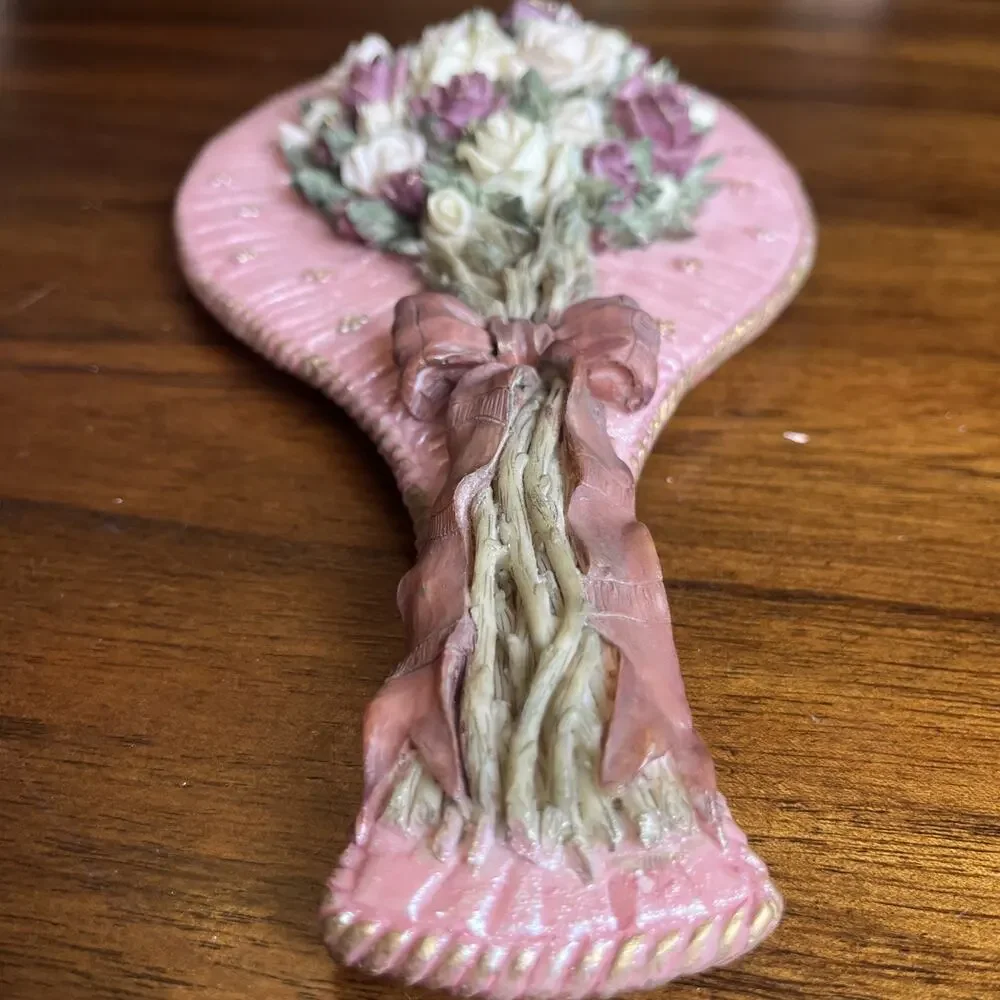 Ornate Pink Floral Handheld Vanity Mirror W/ Roses & Bow, Cottage Glam Whimsy